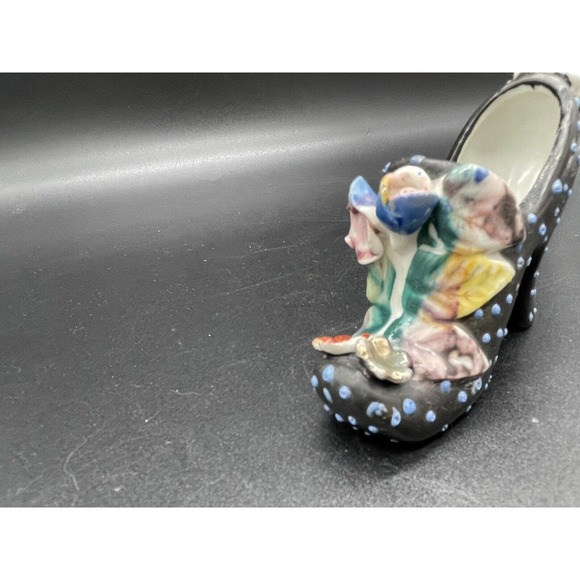 Ceramic High Heel Shoe Figurine Black & White Polka Dots & Flowers Japan Vintage - Picture 3 of 11